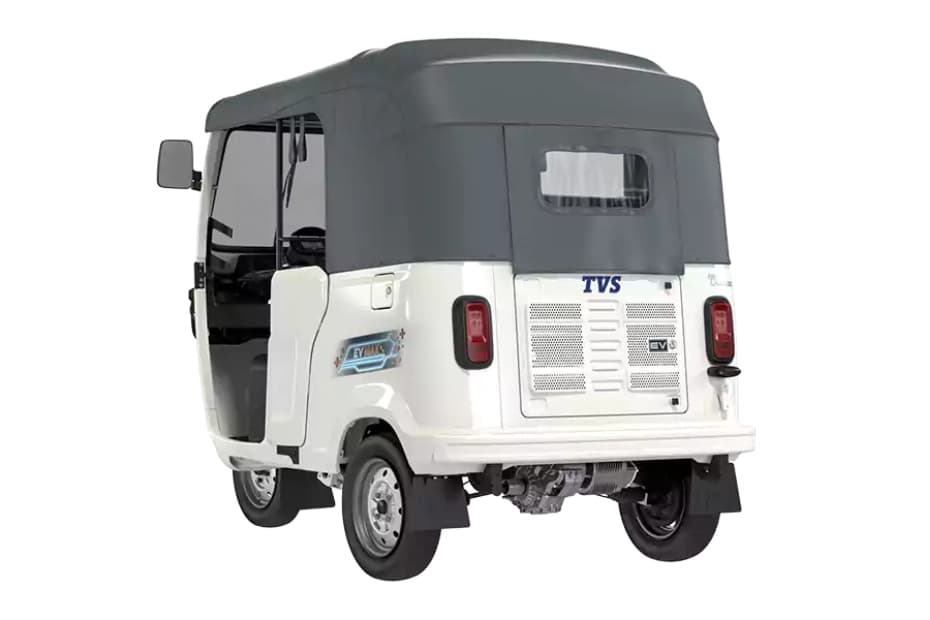 TVS King EV Max Pristine White Left Rear Three Quarter