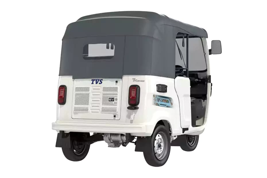 TVS King EV Max Pristine White Right Rear Three Quarter