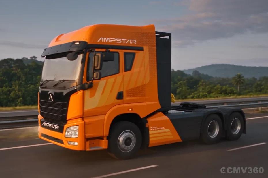 Ampstar 55T Tractor Trailer orange electric truck front road driving view Ampstar 55T Tractor Trailer orange electric truck front road driving view