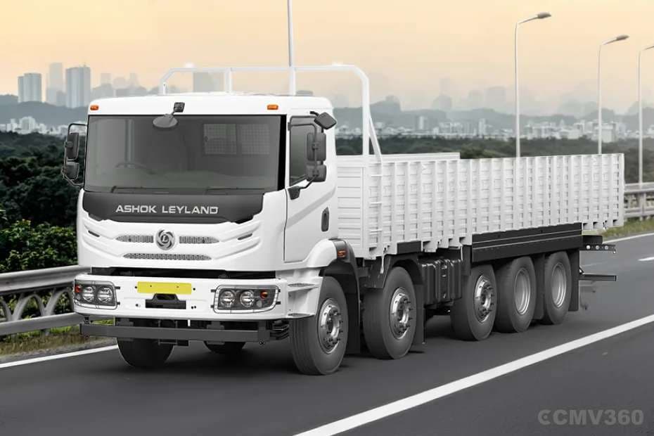 Ashok Leyland AVTR 4525H DTLA truck in white - front three-quarter view, in motion Ashok Leyland AVTR 4525H DTLA truck in white - front three-quarter view, in motion