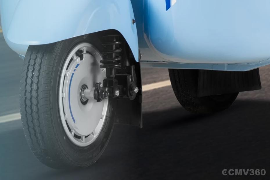 Bajaj WEGO P70 Front Wheel with Tyre and Suspension Close View Bajaj WEGO P70 Front Wheel with Tyre and Suspension Close View