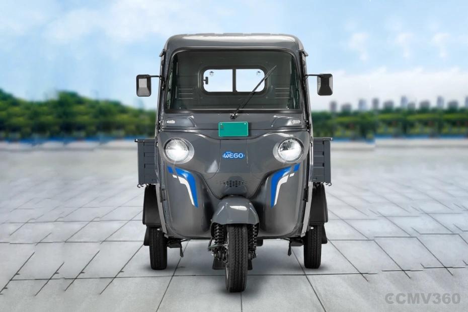 Bajaj WEGO C90 electric three-wheeler front view in grey with cargo body Bajaj WEGO C90 electric three-wheeler front view in grey with cargo body