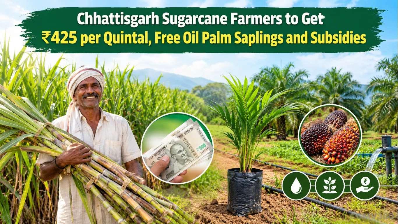 Chhattisgarh Sugarcane Farmers to Get ₹425 per Quintal, Free Oil Palm Saplings and Subsidies Chhattisgarh Sugarcane Price ₹425, Oil Palm Subsidy