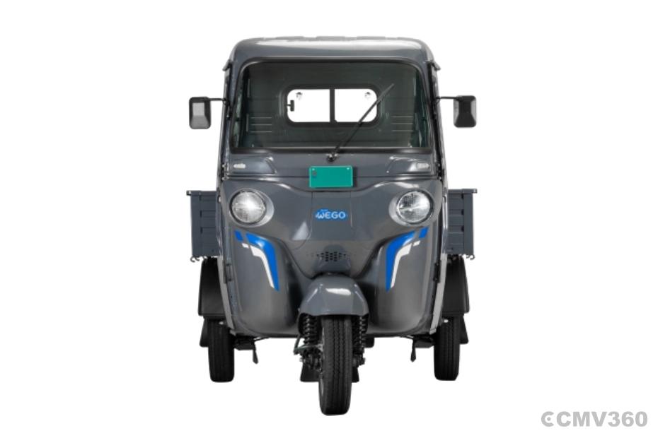 Bajaj WEGO C90 electric three-wheeler in grey, front view with cargo body Bajaj WEGO C90 electric three-wheeler in grey, front view with cargo body