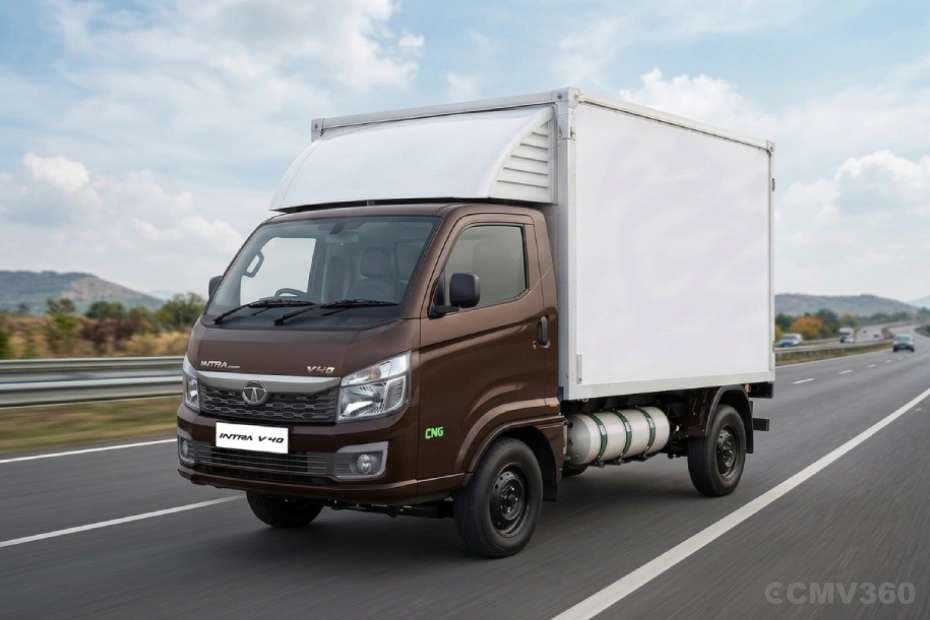 Tata Intra V40 CNG mini truck driving on highway Tata Intra V40 CNG mini truck driving on highway