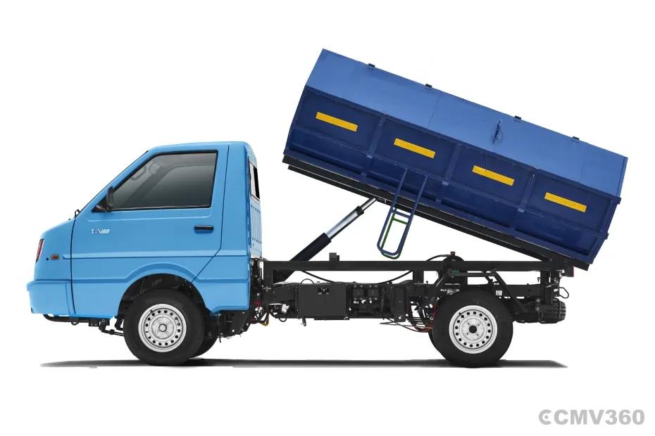 Switch Mobility IeV3 electric mini truck side view with raised blue tipper Switch Mobility IeV3 electric mini truck side view with raised blue tipper