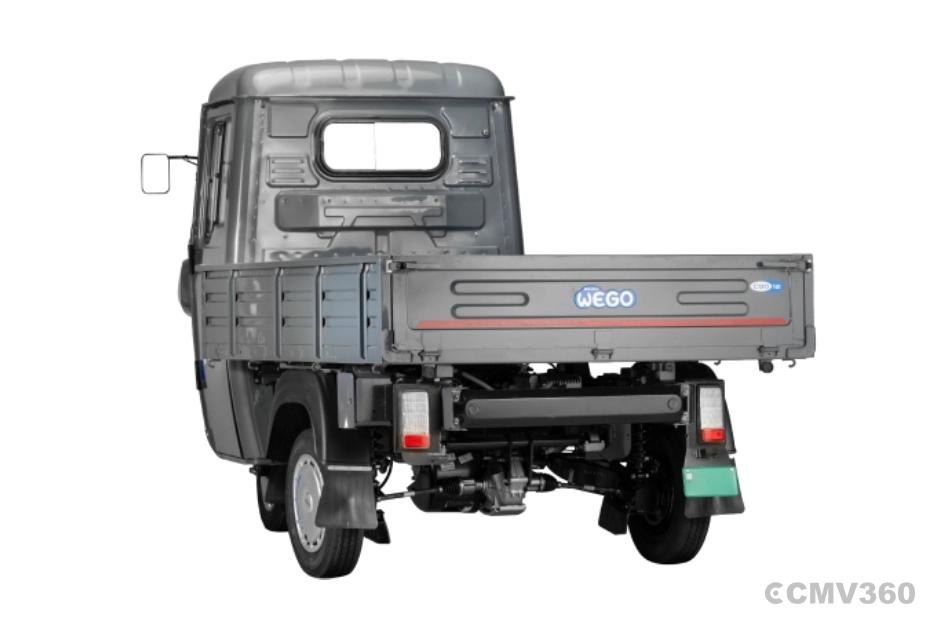 Bajaj WEGO C90 electric three-wheeler rear three-quarter view with cargo body Bajaj WEGO C90 electric three-wheeler rear three-quarter view with cargo body