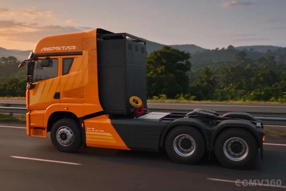 Ampstar 55T Tractor Trailer orange electric truck left side view om highway Ampstar 55T Tractor Trailer orange electric truck left side view om highway