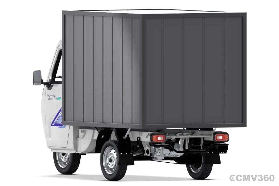 TVS King Kargo HD EV Pristine White Container Left Rear Three Quarter TVS King Kargo HD EV Pristine White Container Left Rear Three Quarter