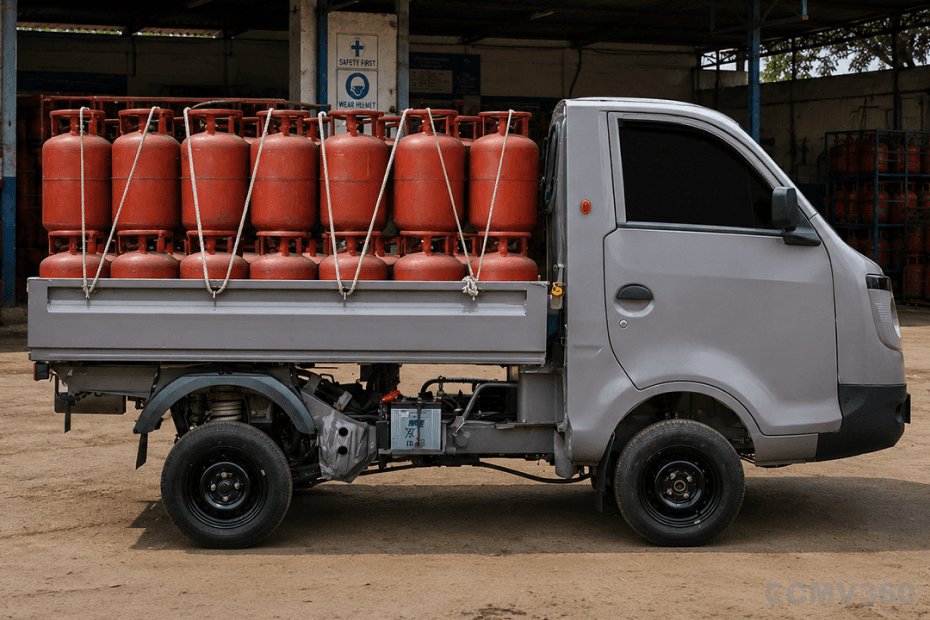 Tata Ace Pro Petrol Grey Colour Mini Truck Right Side Profile showing Fully Loaded with LPG Cylinder Capacity Tata Ace Pro Petrol Grey Colour Mini Truck Right Side Profile showing Fully Loaded with LPG Cylinder Capacity