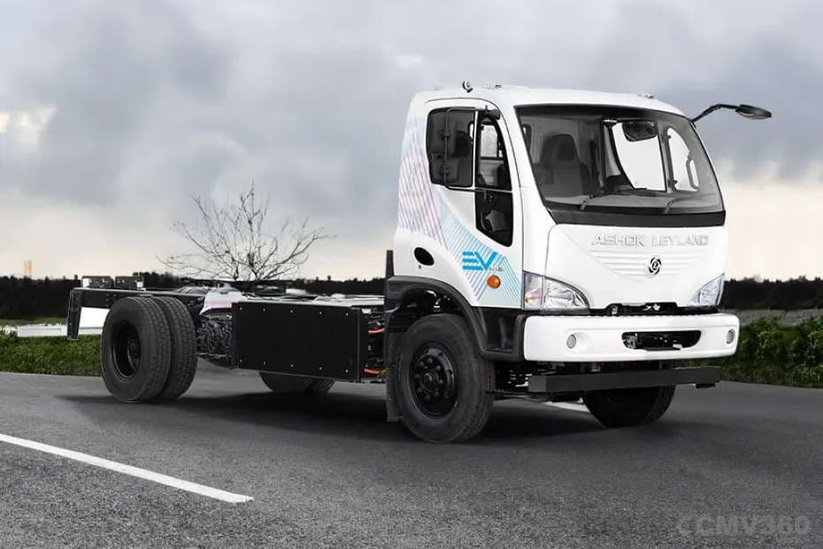 Ashok Leyland BOSS 19T Electric truck long wheelbase chassis cab side front view Ashok Leyland BOSS 19T Electric truck long wheelbase chassis cab side front view