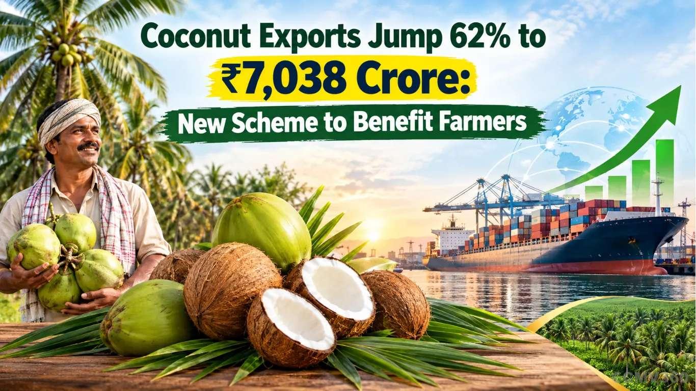 नारळ निर्यात 62% वाढून ₹7,038 कोटी झाली: शेतकर्यांना फायदा मिळ Coconut Exports Jump 62% to ₹7,038 Crore: New Scheme to Benefit Farmers