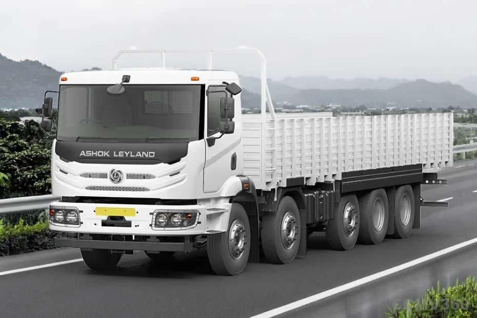 Ashok Leyland AVTR 4525H DTLA truck in white - front three-quarter view, in motion Ashok Leyland AVTR 4525H DTLA truck in white - front three-quarter view, in motion