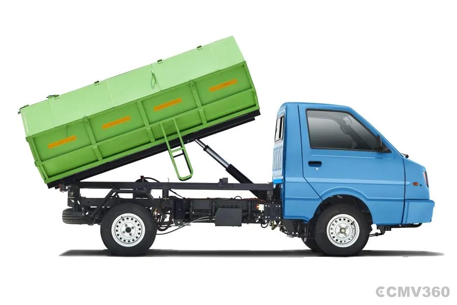 Switch Mobility IeV3 electric mini truck with raised green tipper body side view Switch Mobility IeV3 electric mini truck with raised green tipper body side view