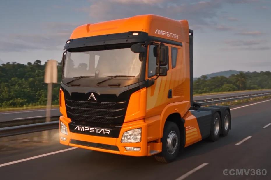 Ampstar 55T Tractor Trailer orange electric truck front three-quarter view Ampstar 55T Tractor Trailer orange electric truck front three-quarter view