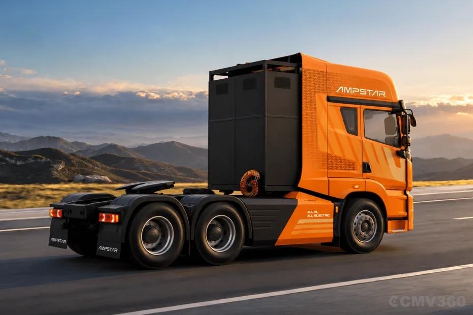 Ampstar 55T Tractor Trailer orange electric truck rear three-quarter view Ampstar 55T Tractor Trailer orange electric truck rear three-quarter view