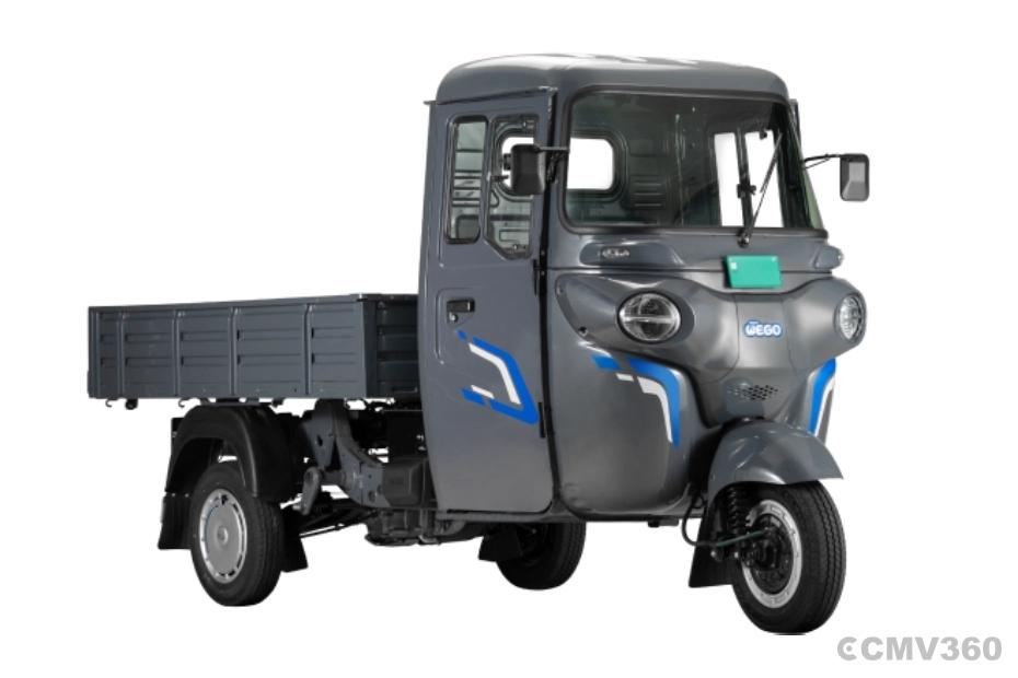 Bajaj WEGO C90 electric three-wheeler front three-quarter view in grey Bajaj WEGO C90 electric three-wheeler front three-quarter view in grey