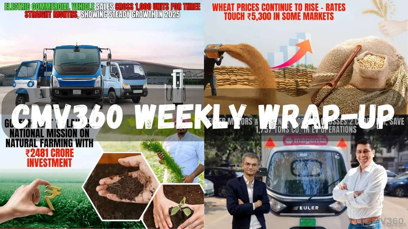 CMV360 Weekly Wrap-Up | 11th–16th August 2025: e-CV Sales Growth, Pickkup.io Fleet Boost, Tata Motors Expansion, Piaggio’s 3W Plan, Ashok Leyland Investment, Wheat Price Rise, PM Crop Insurance, Bihar Revenue Drive, and Natural Farming Mission CMV360 Weekly Wrap-Up.webp