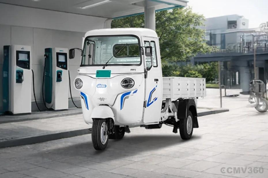 Bajaj WEGO C90 electric cargo three-wheeler at an EV charging station Bajaj WEGO C90 electric cargo three-wheeler at an EV charging station