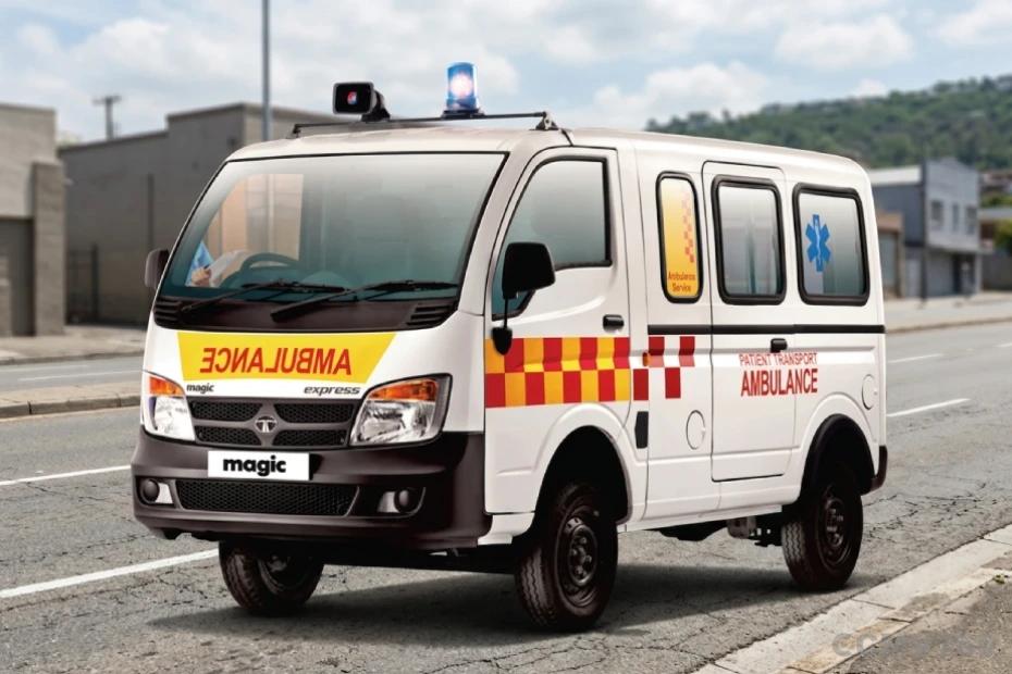 Tata Magic Ambulance front left side view parked on the road Tata Magic Ambulance front left side view parked on the road
