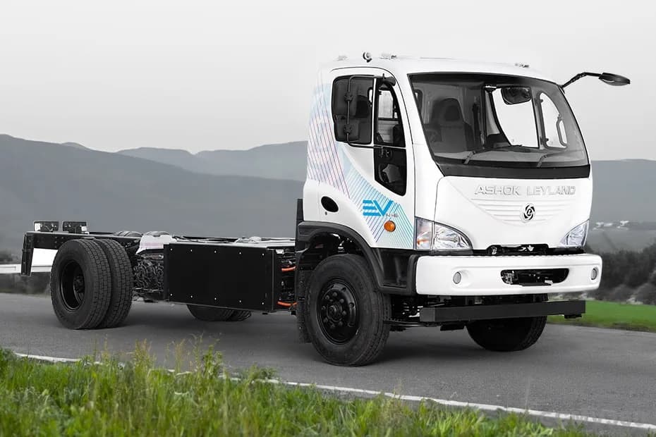 Ashok Leyland BOSS 14T Electric truck chassis cab side front view Ashok Leyland BOSS 14T Electric truck chassis cab side front view