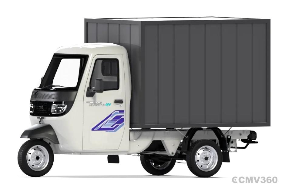 TVS King Kargo HD EV Pristine White Container Left Front Three Quarter TVS King Kargo HD EV Pristine White Container Left Front Three Quarter