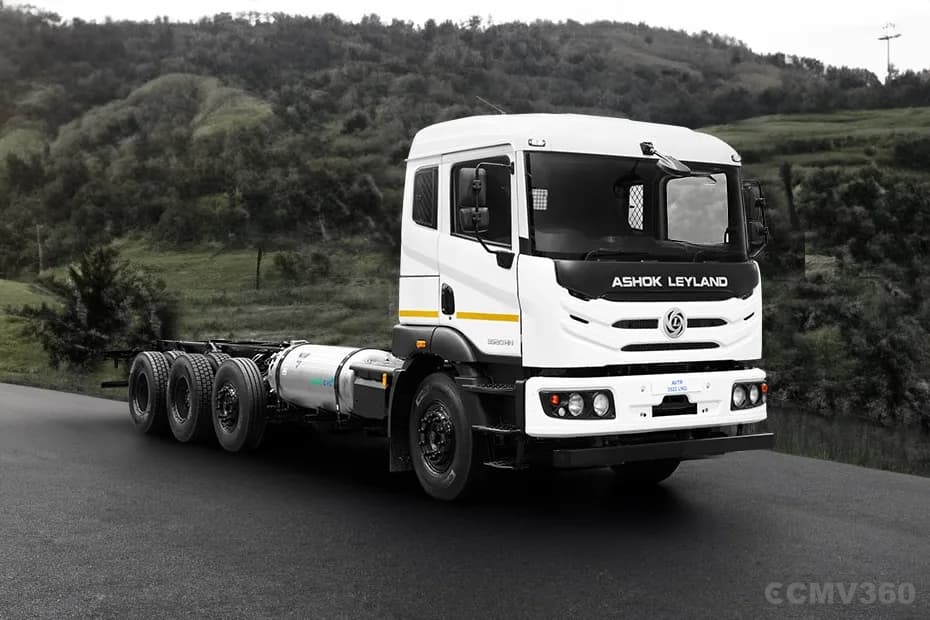 Ashok Leyland AVTR UF3522 white truck chassis left front three-quarter view Ashok Leyland AVTR UF3522 white truck chassis left front three-quarter view