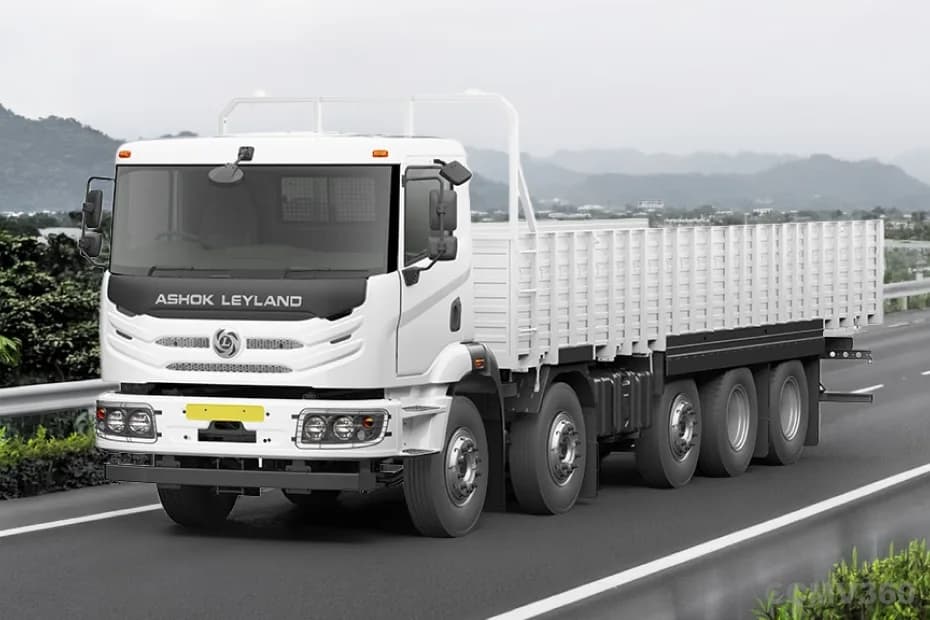 Ashok Leyland AVTR 4525H DTLA truck in white - front three-quarter view, in motion Ashok Leyland AVTR 4525H DTLA truck in white - front three-quarter view, in motion