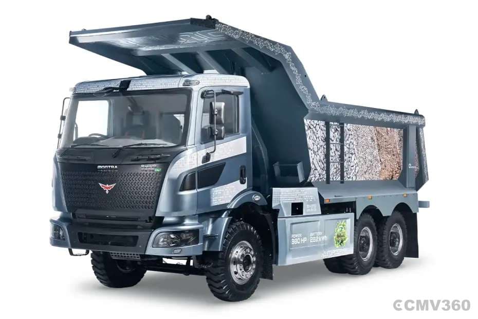 Montra Electric Rhino 2838EV 6x4 electric tipper truck front left angle with open dump body and 380HP 282kWh badging Montra Electric Rhino 2838EV 6x4 electric tipper truck front left angle with open dump body and 380HP 282kWh badging