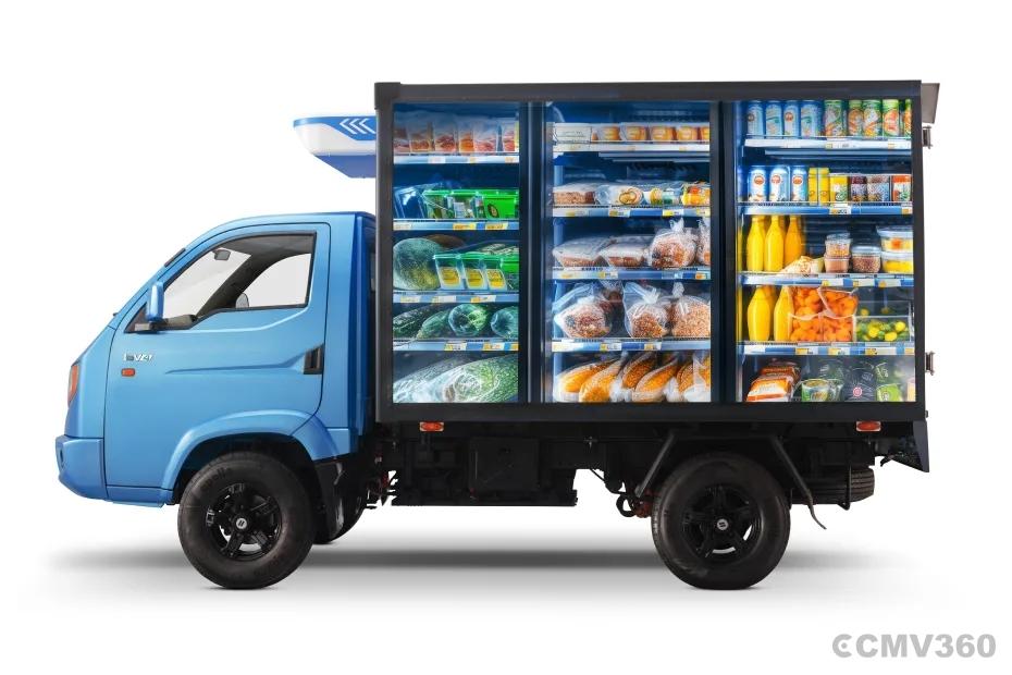 Switch Mobility IeV4 electric mini truck side view with refrigerated cargo body Switch Mobility IeV4 electric mini truck side view with refrigerated cargo body