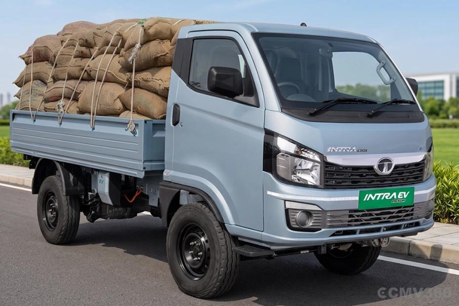 Tata Intra EV Pickup Light Blue Colour Mini Truck Right Front Side Exterior View Tata Intra EV Pickup Light Blue Colour Mini Truck Right Front Side Exterior View