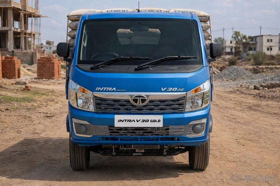Tata Intra Gold V30 Dodger Blue Colour Pickup Truck Bold Front Exterior View showing Front Grille and Front Headlights Design Tata Intra Gold V30 Dodger Blue Colour Pickup Truck Bold Front Exterior View showing Front Grille and Front Headlights Design