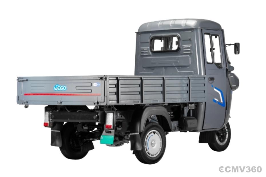 Bajaj WEGO C90 electric three-wheeler rear side view with cargo load body Bajaj WEGO C90 electric three-wheeler rear side view with cargo load body