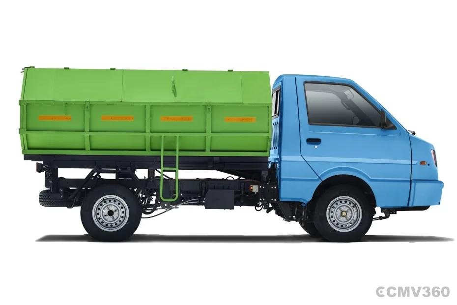 Switch Mobility IeV3 electric mini truck side view with green tipper body Switch Mobility IeV3 electric mini truck side view with green tipper body