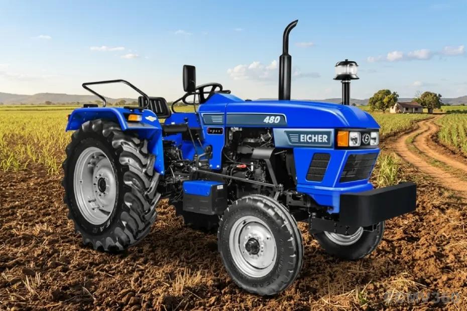 Eicher 480 2WD tractor working in a farm field Eicher 480 2WD tractor working in a farm field