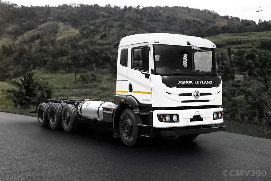Ashok Leyland AVTR UF3522 white truck chassis left front three-quarter view Ashok Leyland AVTR UF3522 white truck chassis left front three-quarter view