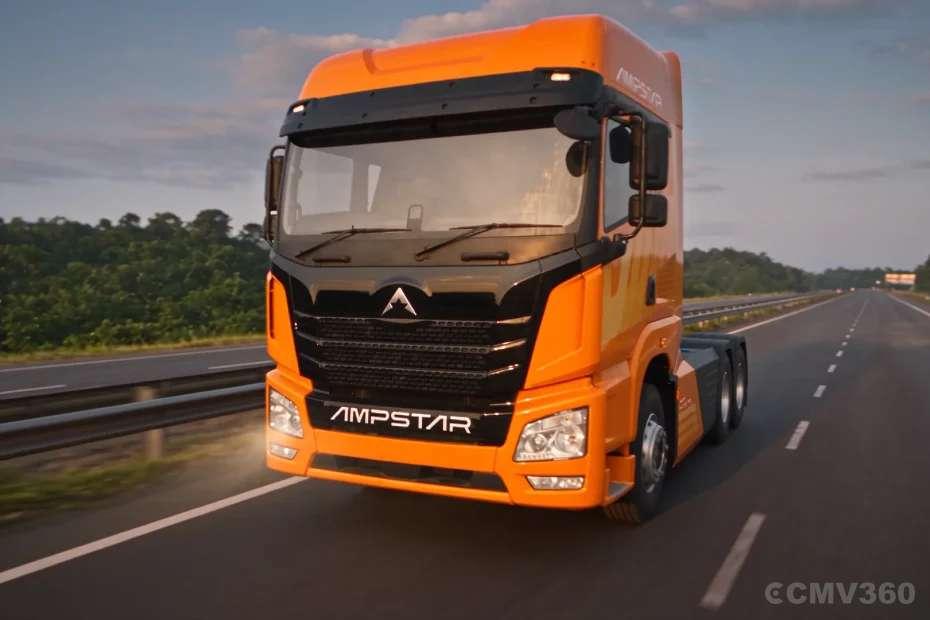 Ampstar 55T Tractor Trailer orange electric truck front view on highway Ampstar 55T Tractor Trailer orange electric truck front view on highway