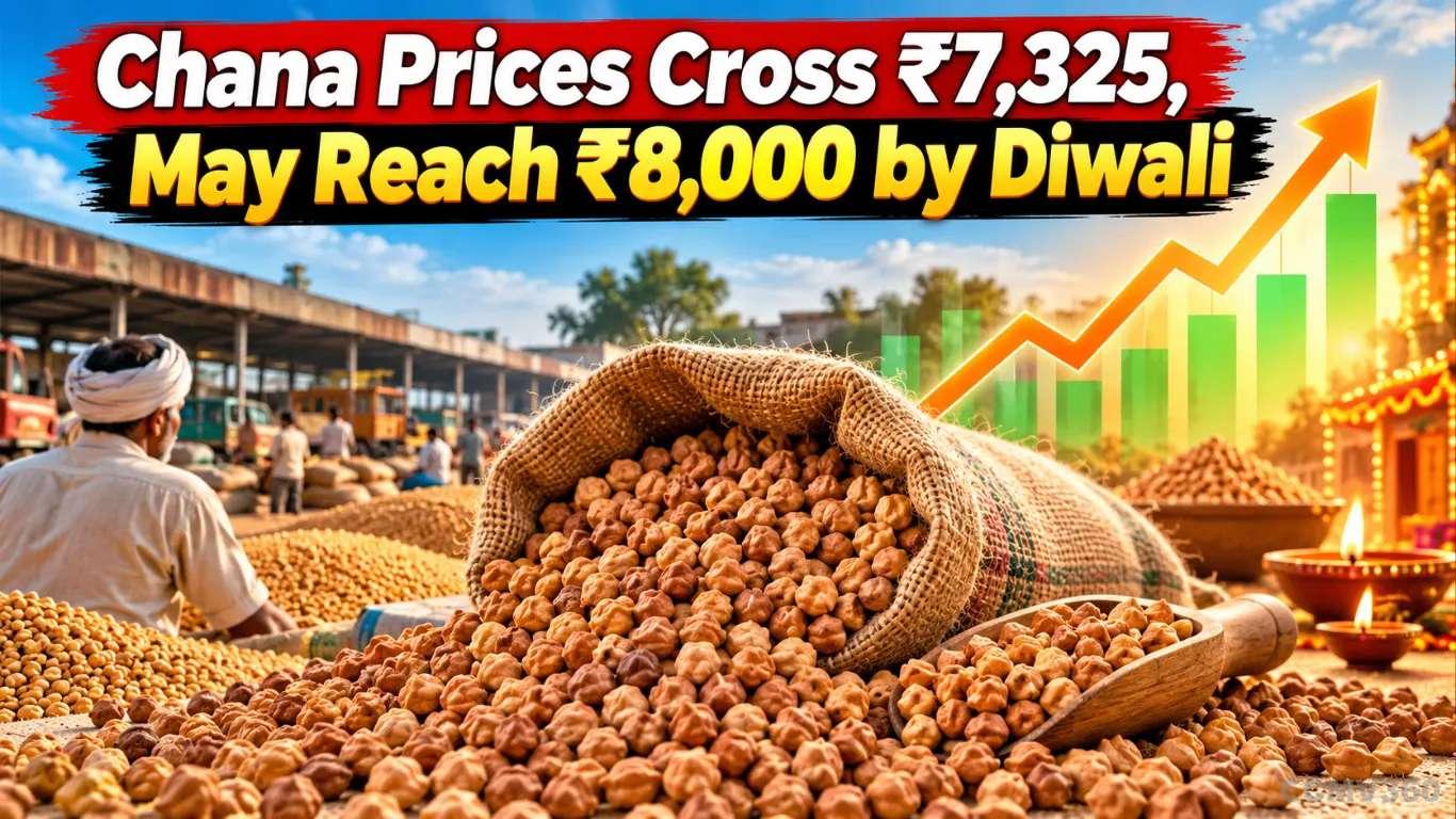 Chana Prices Cross ₹7,325, May Reach ₹8,000 by Diwali: Weak Supply and Falling Stocks Push Prices Higher Chana Prices Cross ₹7,325, May Reach ₹8,000 by Diwali: Weak Supply and Falling Stocks Push Prices Higher