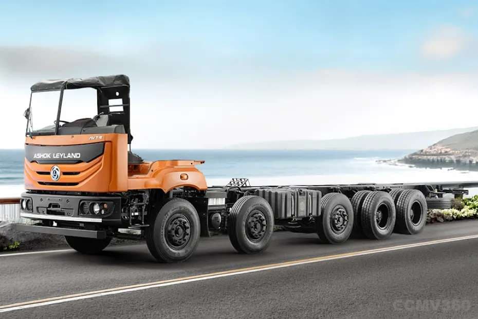 Ashok Leyland AVTR 4625H LA truck in orange color - front three-quarter view Ashok Leyland AVTR 4625H LA truck in orange color - front three-quarter view