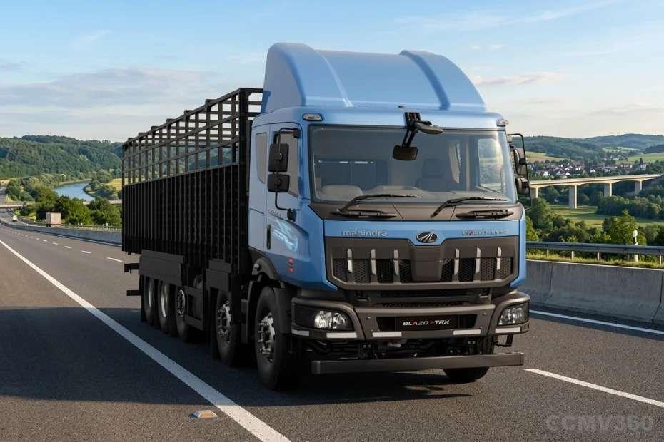 Mahindra BLAZO i TRK 42 truck driving on a highway in front three-quarter view Mahindra BLAZO i TRK 42 truck driving on a highway in front three-quarter view