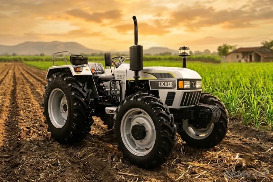 Eicher 557 4WD tractor working in a farm field Eicher 557 4WD tractor working in a farm field