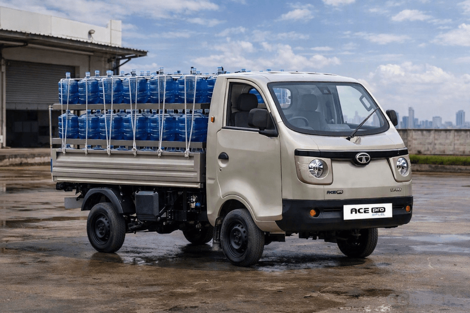 Tata Ace Pro Right Front Side Exterior view showing Loaded Water Bottle Cargo Tata Ace Pro Right Front Side Exterior view showing Loaded Water Bottle Cargo