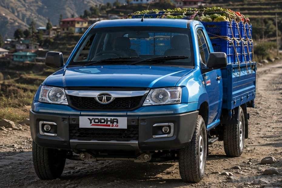 Tata Yodha 2.0 blue colour pickup Front Exterior View in mountainious area Tata Yodha 2.0 blue colour pickup Front Exterior View in mountainious area