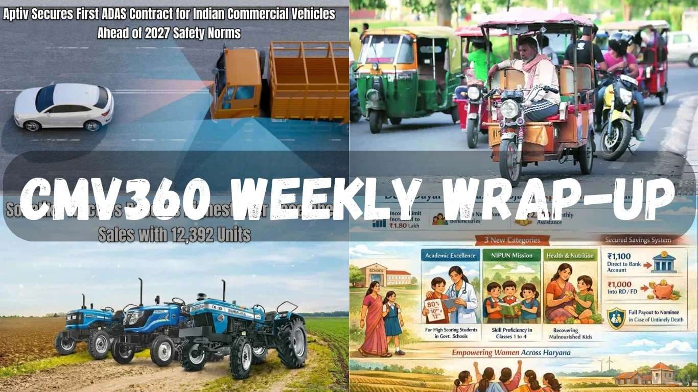 CMV360 साप्ताहिक रैप-अप | 5-10 जनवरी 2026: इलेक्ट्रिक 3-व्हीलर की बिक्री में वृद्धि, CV मार्केट अपडेट, नई EV तकनीक, ट्रैक्टर बिक्री में वृद्धि और प्रमुख किसान नीति सुधार CMV360 Weekly Wrap-Up | 5–10 Jan 2026: Electric 3-Wheeler Sales Growth, CV Market Updates, New EV Tech, Tractor Sales Surge & Major Farmer Policy Reforms