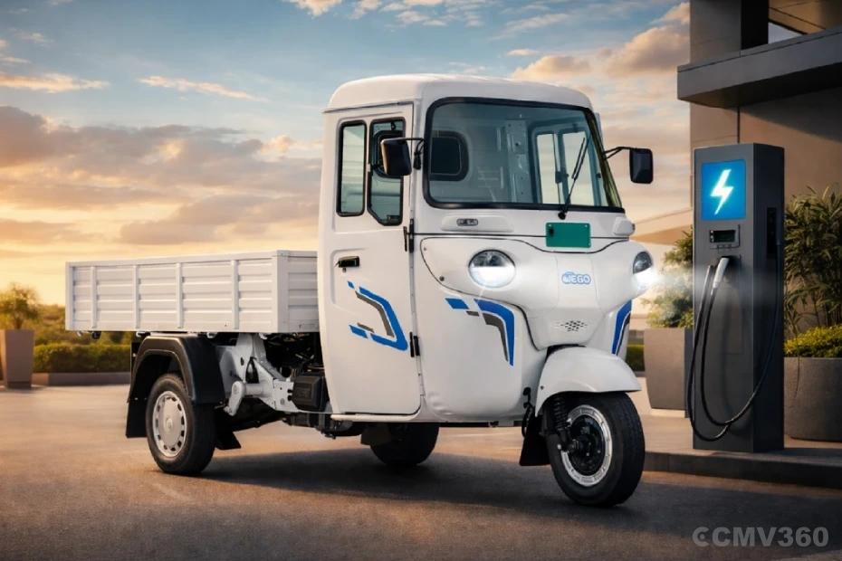 Bajaj WEGO C90 electric cargo three-wheeler charging at an EV charging station Bajaj WEGO C90 electric cargo three-wheeler charging at an EV charging station
