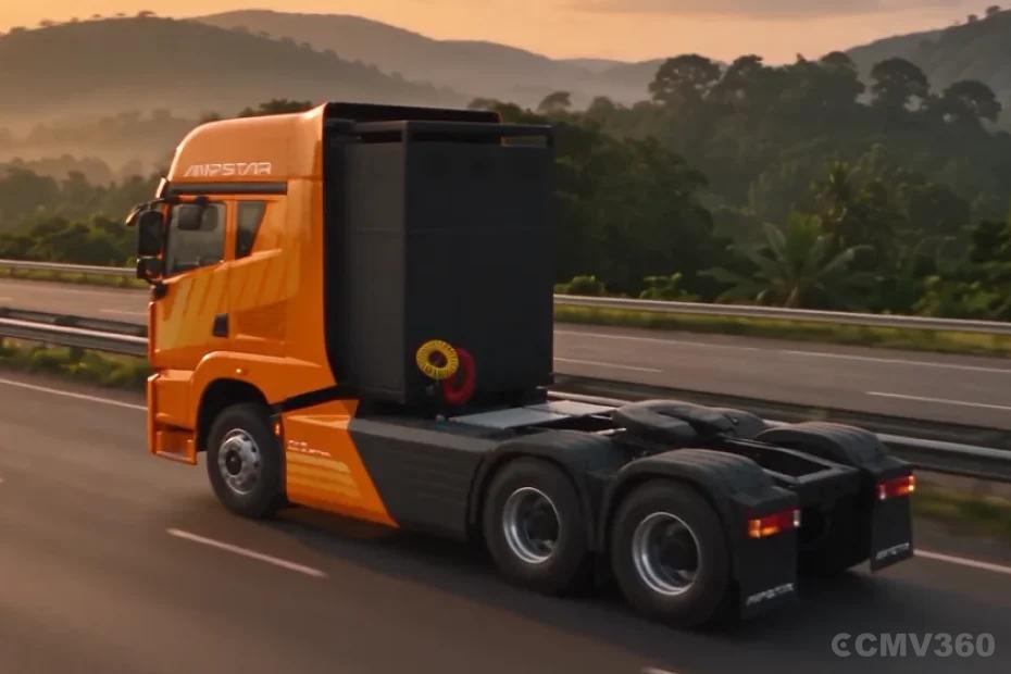 Ampstar 55T Tractor Trailer orange electric truck rear side highway view Ampstar 55T Tractor Trailer orange electric truck rear side highway view