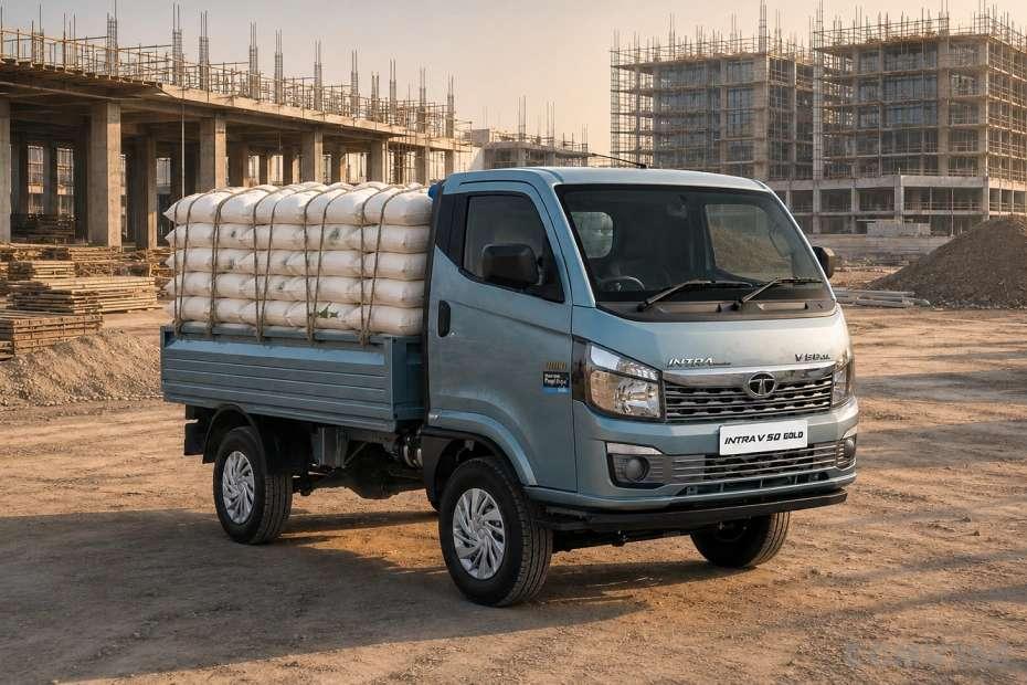 Tata Intra V50 Gold Teal Blue Colour Mini Truck Right Front Side Exterior View Tata Intra V50 Gold Teal Blue Colour Mini Truck Right Front Side Exterior View