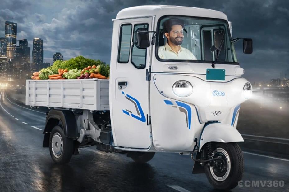 Bajaj WEGO C90 electric three-wheeler carrying fresh vegetables for urban delivery Bajaj WEGO C90 electric three-wheeler carrying fresh vegetables for urban delivery