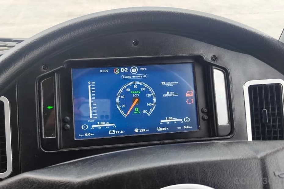 Blue Energy 5548e EV electric truck digital dashboard display showing speed and battery status Blue Energy 5548e EV electric truck digital dashboard display showing speed and battery status